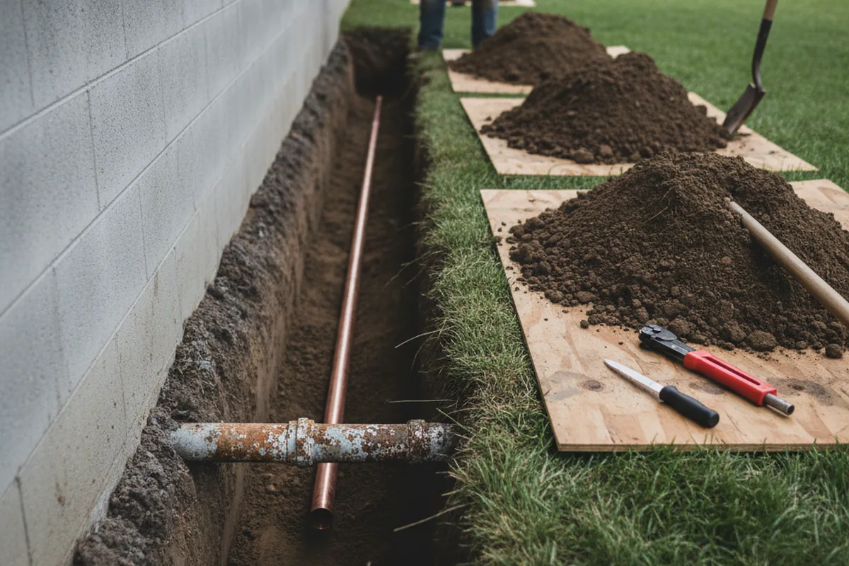 Excavated water line trench during Water Softener Installation in Kirbyville